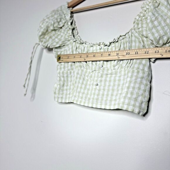 Women miss Selfridge crop top plaid boho romantic short front button green 4 - Picture 4 of 8